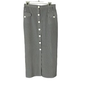 Made France Vtg Maxi Skirt Black White Striped Pockets Slits Liliane Burty Paris